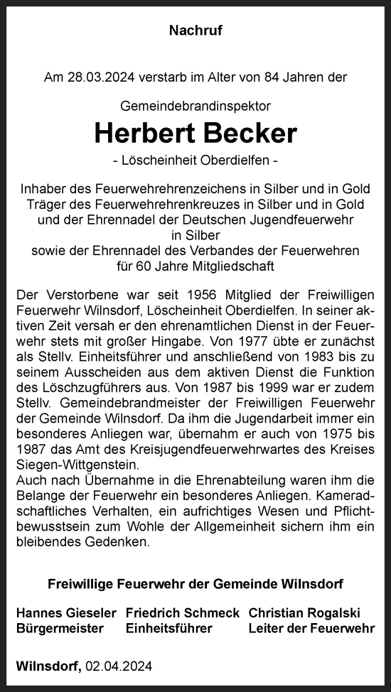 Traueranzeige von Herbert Becker von Tageszeitung