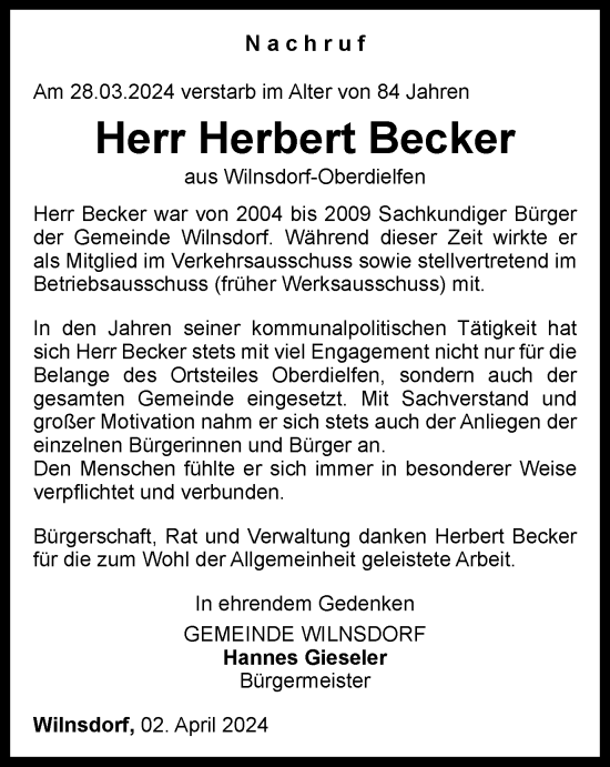 Traueranzeige von Herbert Becker von Tageszeitung