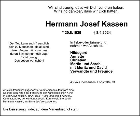 Traueranzeige von Hermann Josef Kassen von Tageszeitung