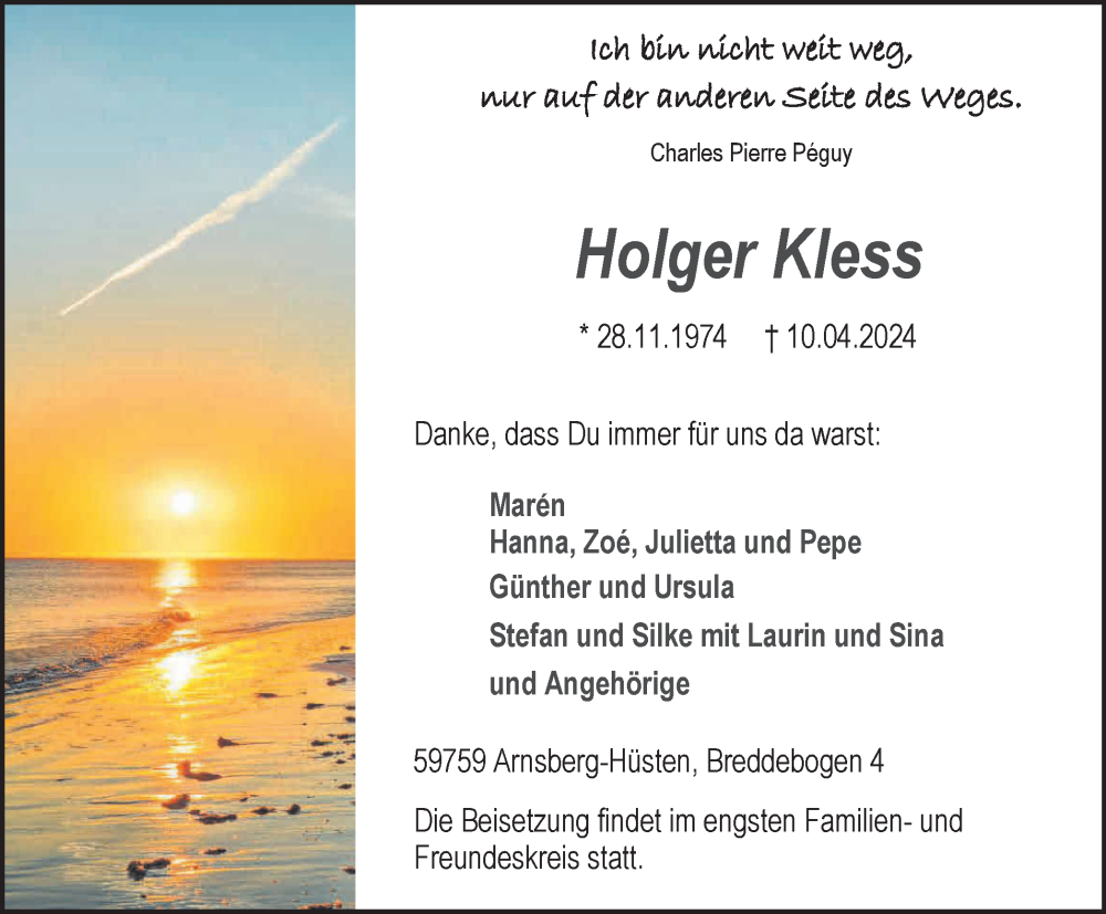  Traueranzeige für Holger Kless vom 13.04.2024 aus Tageszeitung