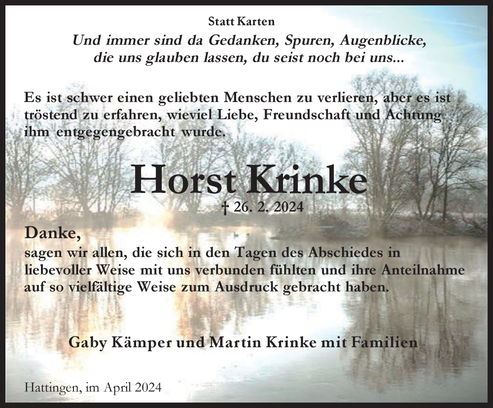  Traueranzeige für Horst Krinke vom 20.04.2024 aus Tageszeitung