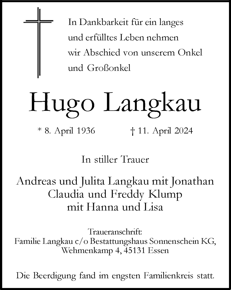  Traueranzeige für Hugo Langkau vom 20.04.2024 aus Tageszeitung