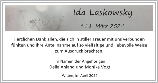 Traueranzeige von Ida Laskowsky von Tageszeitung