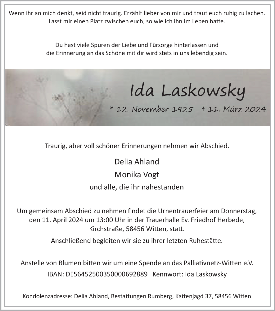  Traueranzeige für Ida Laskowsky vom 06.04.2024 aus Tageszeitung