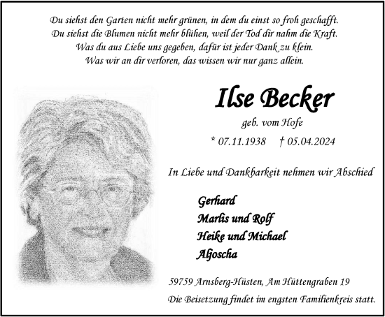 Traueranzeige von Ilse Becker von Tageszeitung