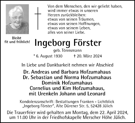 Traueranzeige von Ingeborg Förster von Tageszeitung