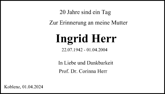 Traueranzeige von Ingrid Herr von Tageszeitung