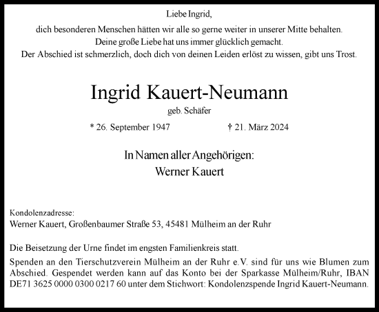 Traueranzeige von Ingrid Kauert-Neumann von Tageszeitung