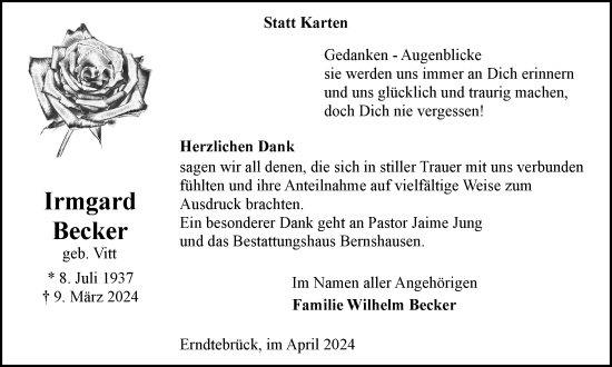 Traueranzeige von Irmgard Becker von Tageszeitung