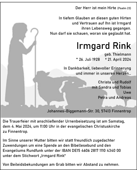 Traueranzeige von Irmgard Rink von Tageszeitung