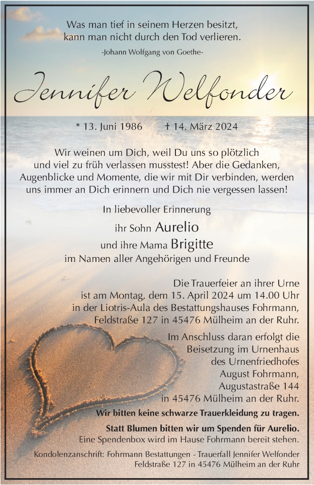  Traueranzeige für Jennifer Welfonder vom 06.04.2024 aus Tageszeitung