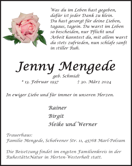 Traueranzeige von Jenny Mengede von Tageszeitung