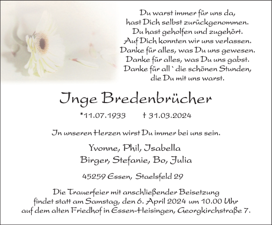 Traueranzeige von Jnge Bredenbrücher von Tageszeitung
