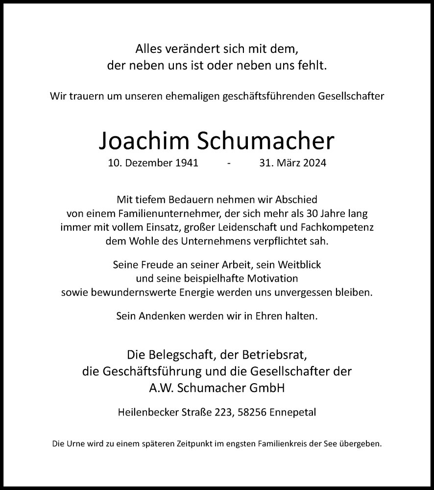  Traueranzeige für Joachim Schumacher vom 06.04.2024 aus Tageszeitung