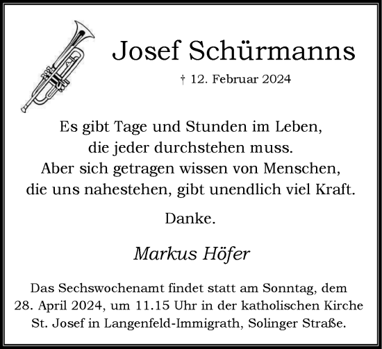 Traueranzeige von Josef Schürmanns von Tageszeitung