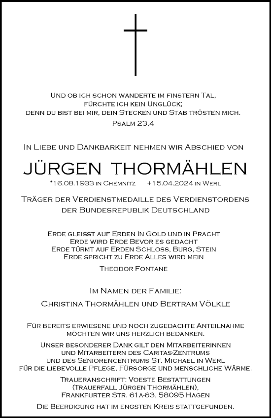 Traueranzeige von Jürgen Thormählen von Tageszeitung