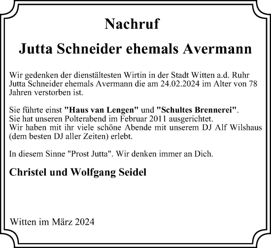 Traueranzeige von Jutta Schneider von Tageszeitung