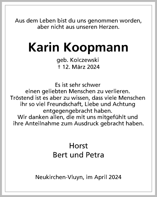 Traueranzeige von Karin Koopmann von Tageszeitung