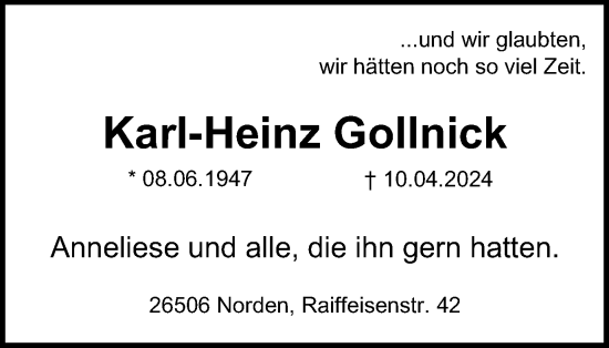 Traueranzeige von Karl-Heinz Gollnick von Tageszeitung
