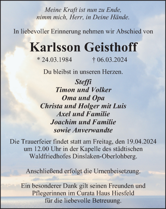 Traueranzeige von Karlsson Geisthoff von Tageszeitung