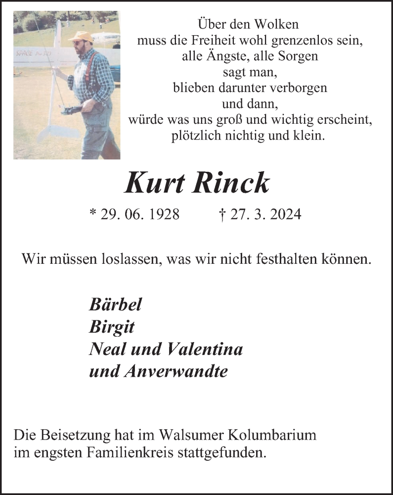  Traueranzeige für Kurt Rinck vom 20.04.2024 aus Tageszeitung