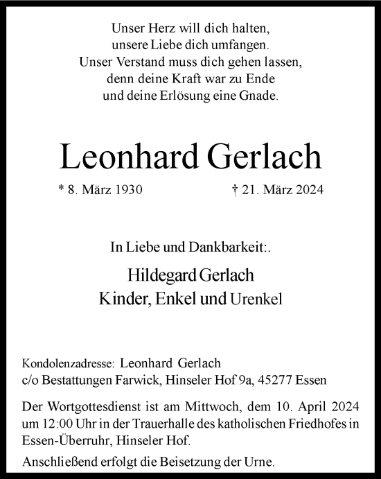 Traueranzeige von Leonhard Gerlach von Tageszeitung