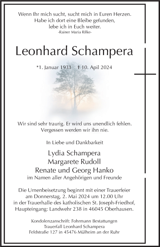 Traueranzeige von Leonhard Schampera von Tageszeitung
