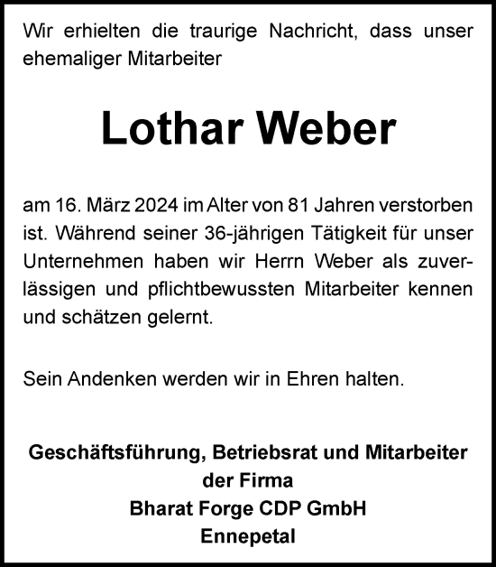 Traueranzeige von Lothar Weber von Tageszeitung