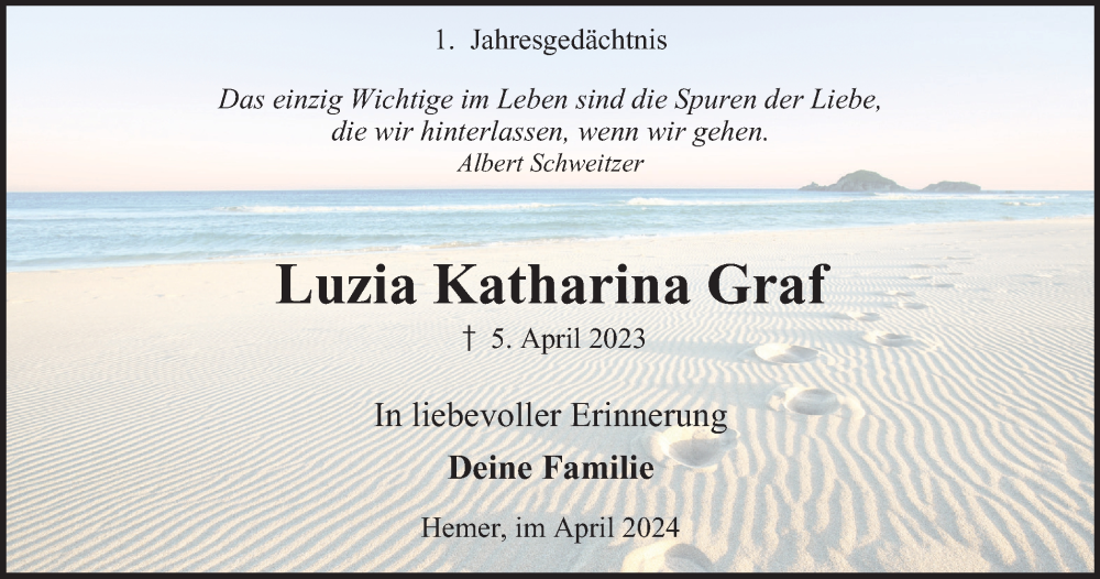  Traueranzeige für Luzia Katharina Graf vom 05.04.2024 aus Tageszeitung