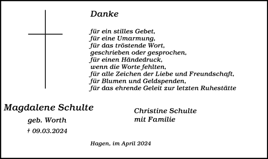 Traueranzeige von Magdalene Schulte von Tageszeitung