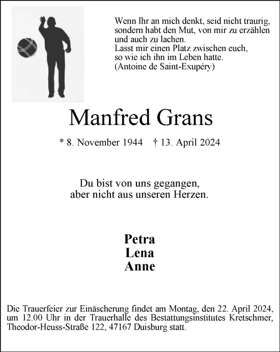 Traueranzeige von Manfred Grans von Tageszeitung
