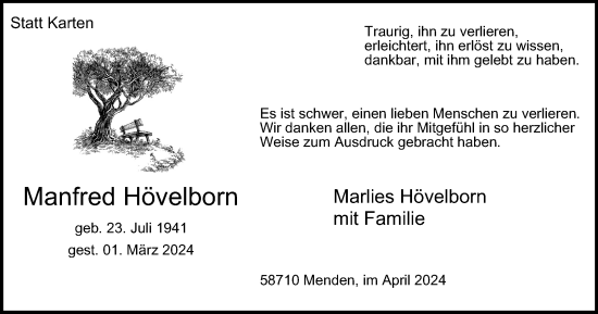 Traueranzeige von Manfred Hövelborn von Tageszeitung