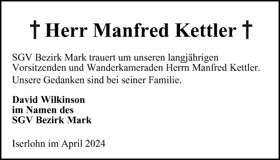 Traueranzeige von Manfred Kettler von Tageszeitung