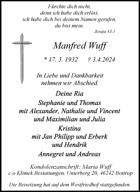 Traueranzeige von Manfred Wuff von Tageszeitung