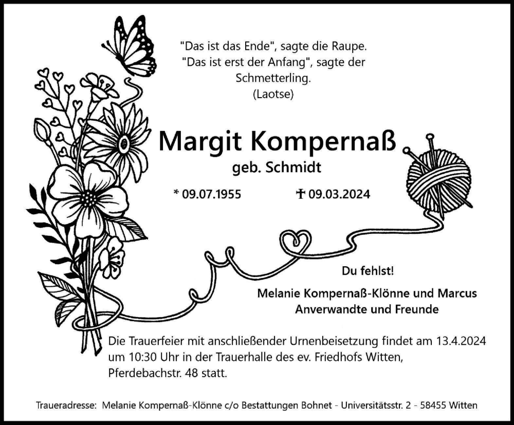  Traueranzeige für Margit Kompernaß vom 06.04.2024 aus Tageszeitung