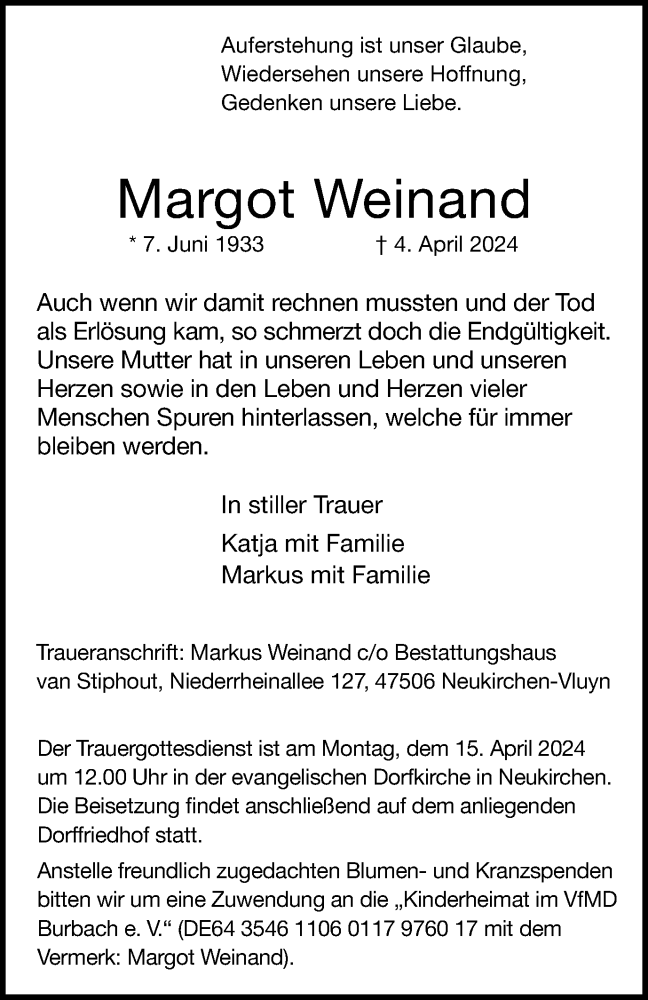 Traueranzeige für Margot Weinand vom 11.04.2024 aus Tageszeitung