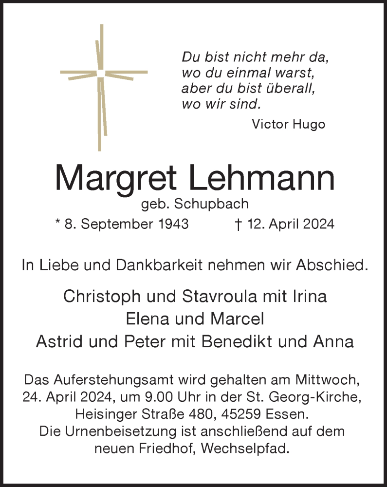  Traueranzeige für Margret Lehmann vom 20.04.2024 aus Tageszeitung
