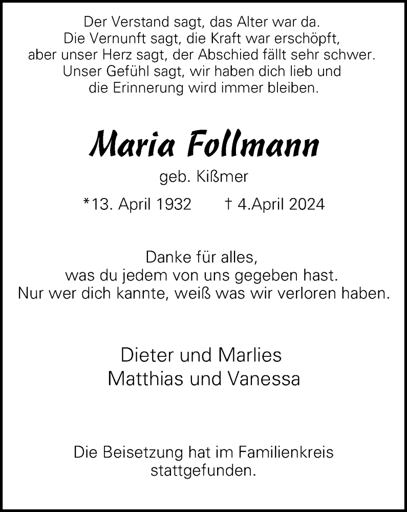 Traueranzeigen von Maria Follmann | Trauer-in-NRW.de