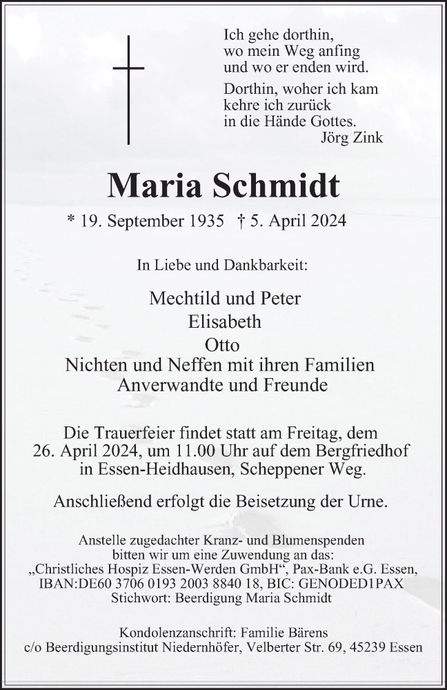  Traueranzeige für Maria Schmidt vom 20.04.2024 aus Tageszeitung