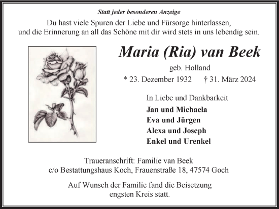 Traueranzeige von Maria van Beek von Tageszeitung