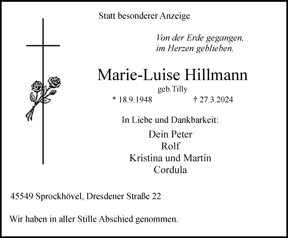  Traueranzeige für Marie-Luise Hillmann vom 20.04.2024 aus Tageszeitung