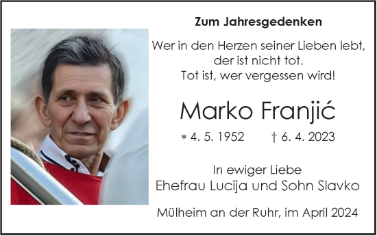 Traueranzeige von Marko Franjic von Tageszeitung
