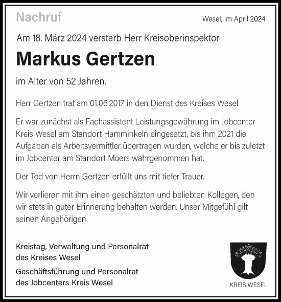 Traueranzeige von Markus Gertzen von Tageszeitung