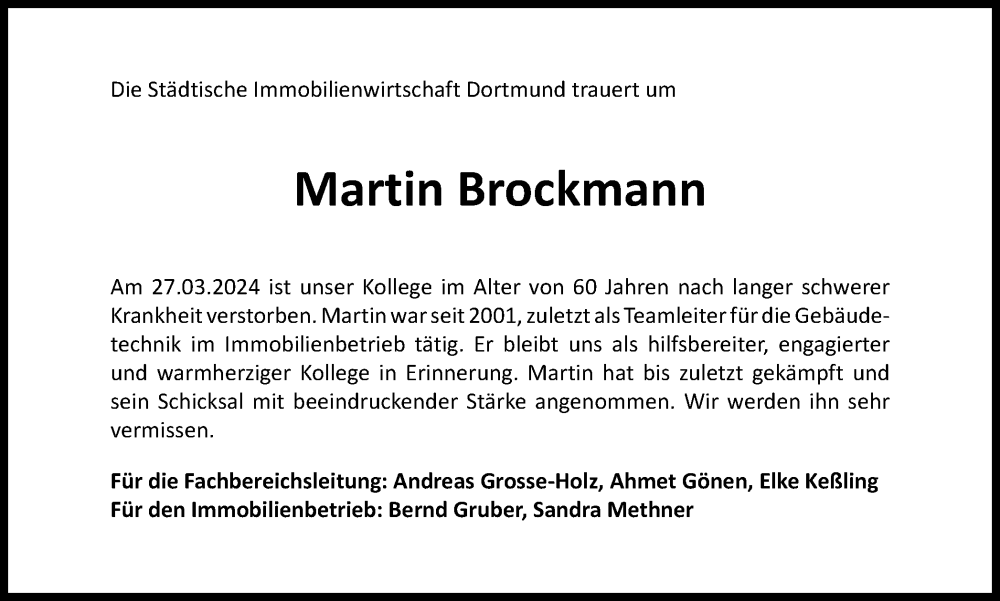  Traueranzeige für Martin Brockmann vom 06.04.2024 aus Tageszeitung