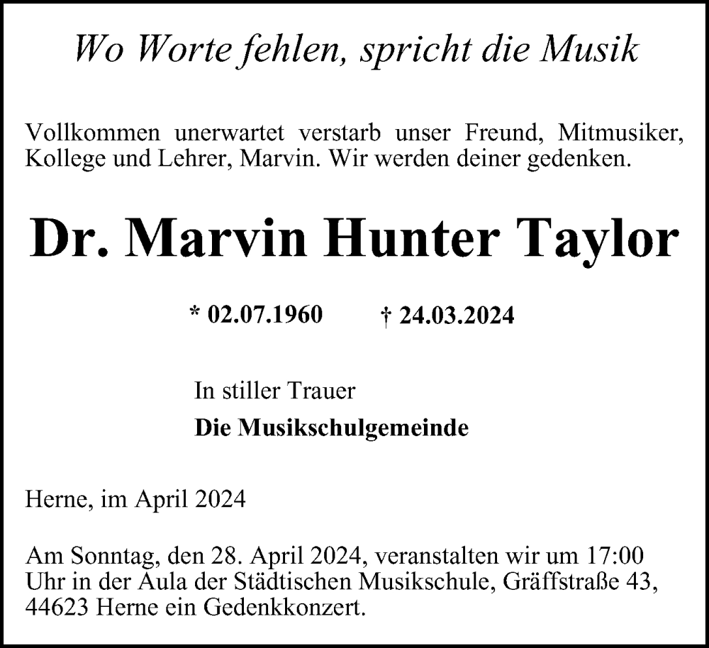  Traueranzeige für Marvin Hunter Taylor vom 20.04.2024 aus Tageszeitung