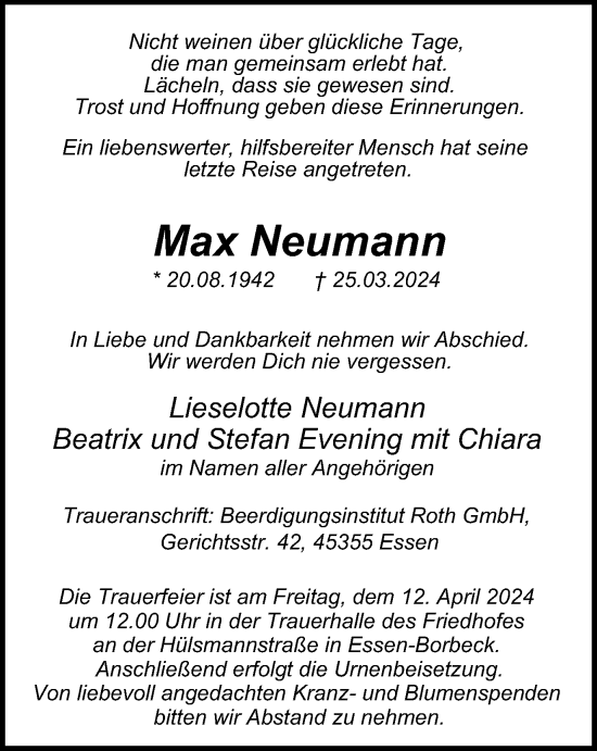 Traueranzeige von Max Neumann von Tageszeitung