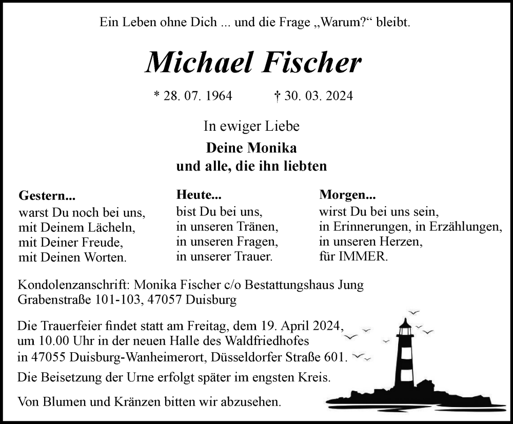  Traueranzeige für Michael Fischer vom 13.04.2024 aus Tageszeitung