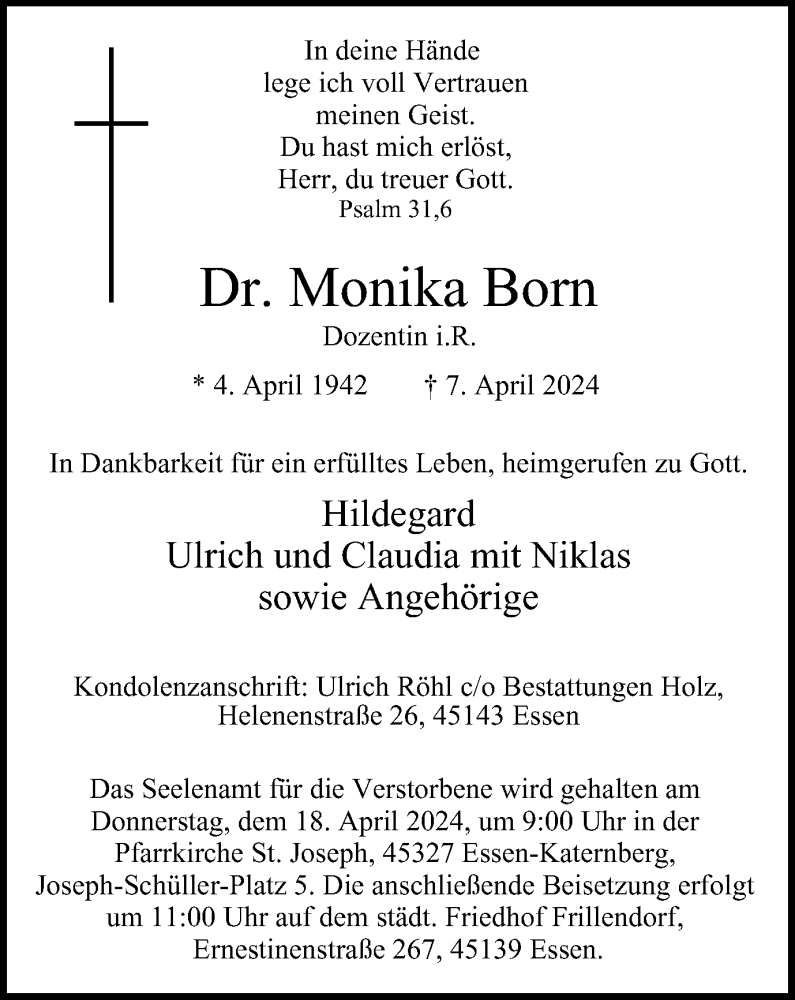  Traueranzeige für Monika Born vom 17.04.2024 aus Tageszeitung