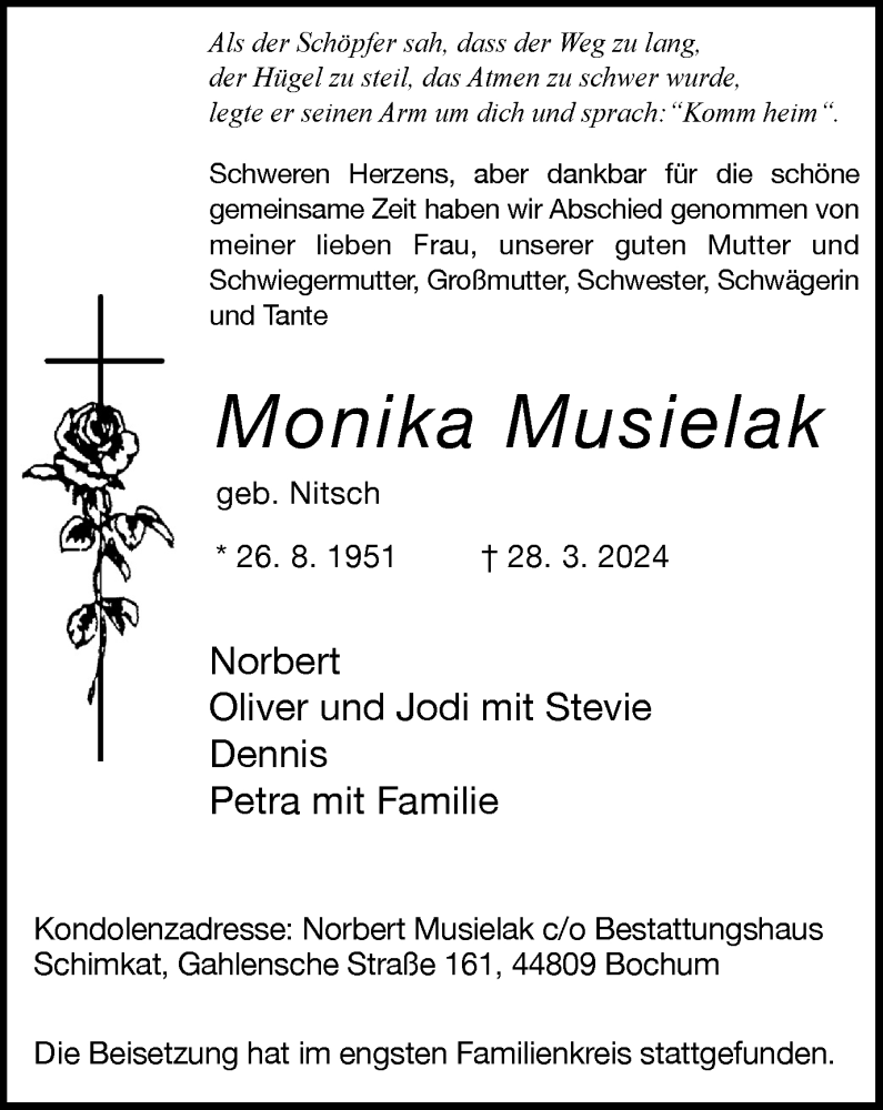  Traueranzeige für Monika Musielak vom 13.04.2024 aus Tageszeitung