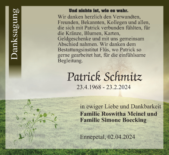 Traueranzeige von Patrick Schmitz von Tageszeitung